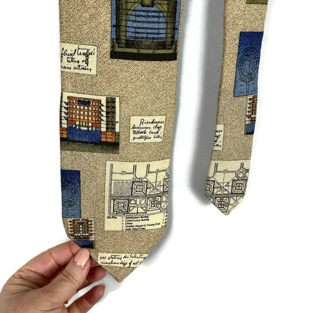 Architectural Print Silk Neck Tie City Planner Architect Tan Blue Structure